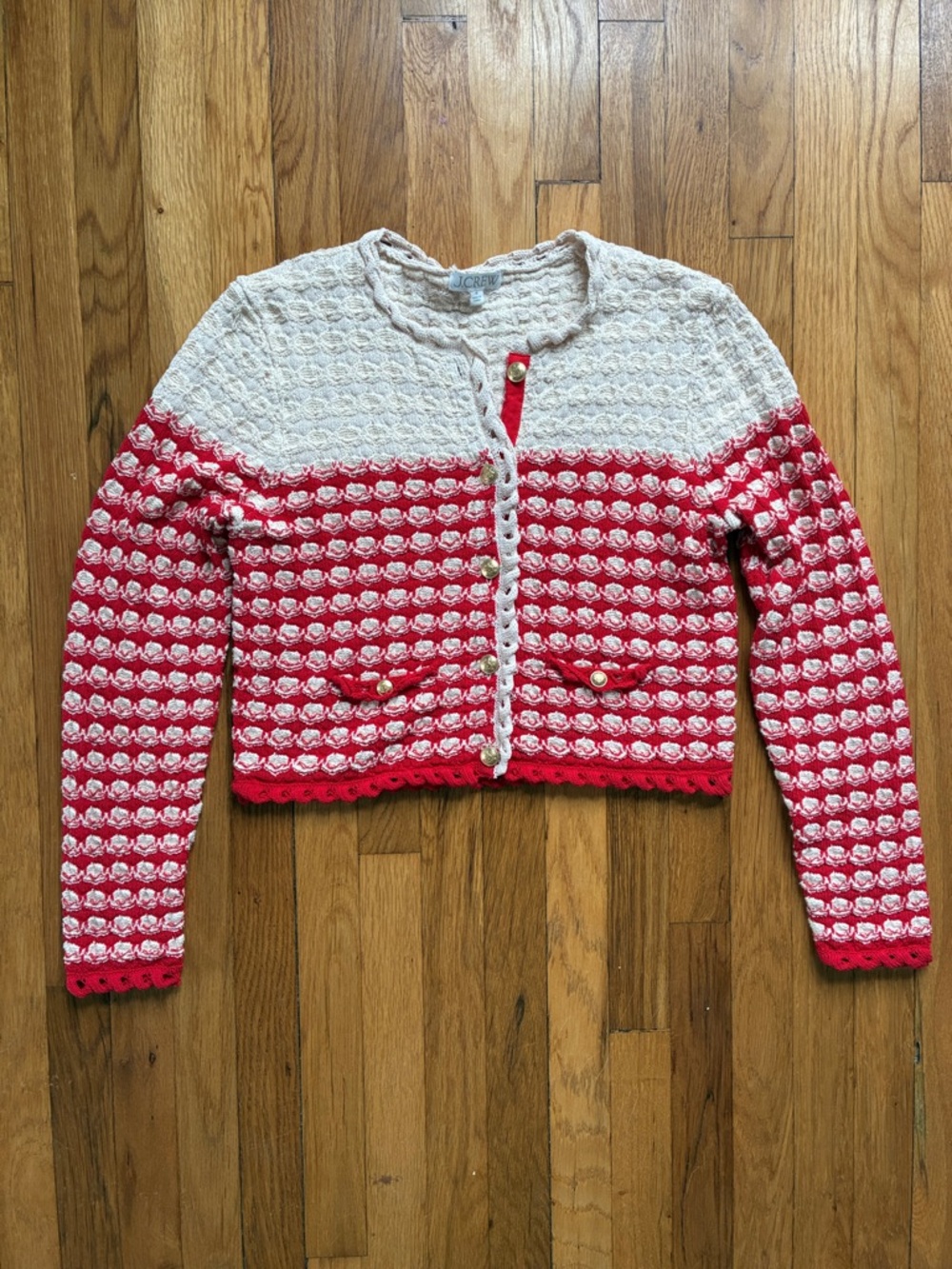 J. Crew Textured Crochet Lady Jacket Medium Cardigan Red Beige Gold Button Prep